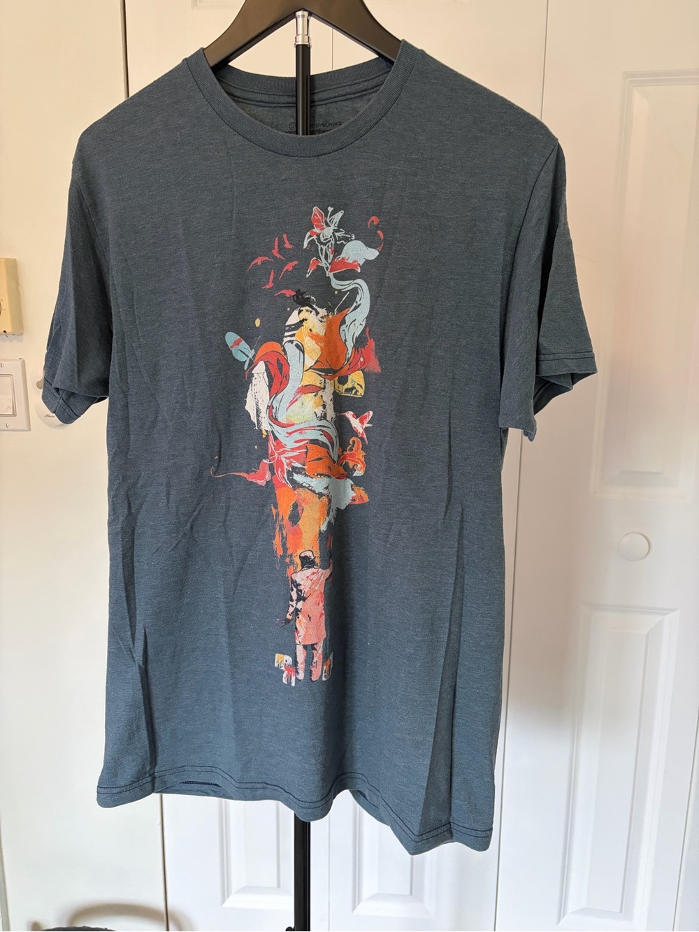 Design By Human-Graphic Crew Neck T-Shirt - Slate Blue with Multicolor Print